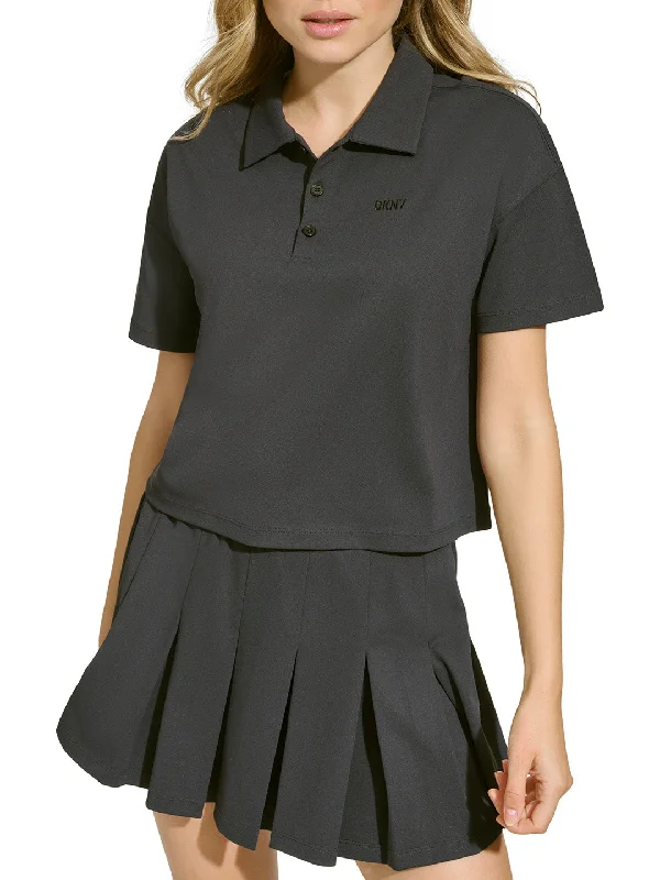 DKNY Women Black Solid Polo Collar Short Sleeves T-Shirt