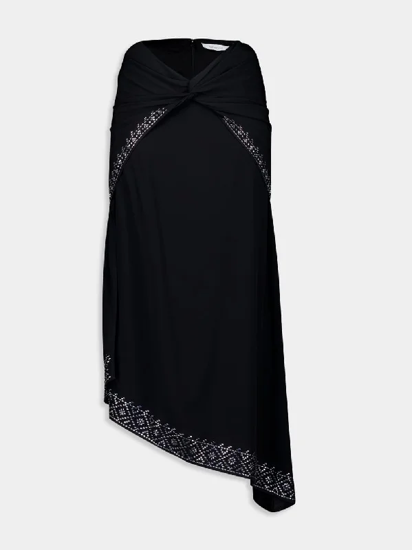 Black Floral Embroidered Midi Skirt