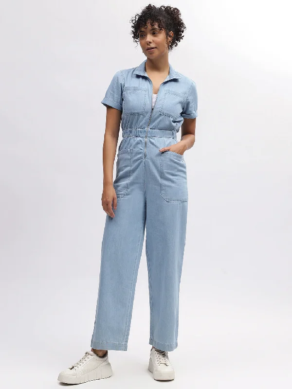 Elle Women Blue Solid Shirt Collar Short Sleeves Jumpsuit