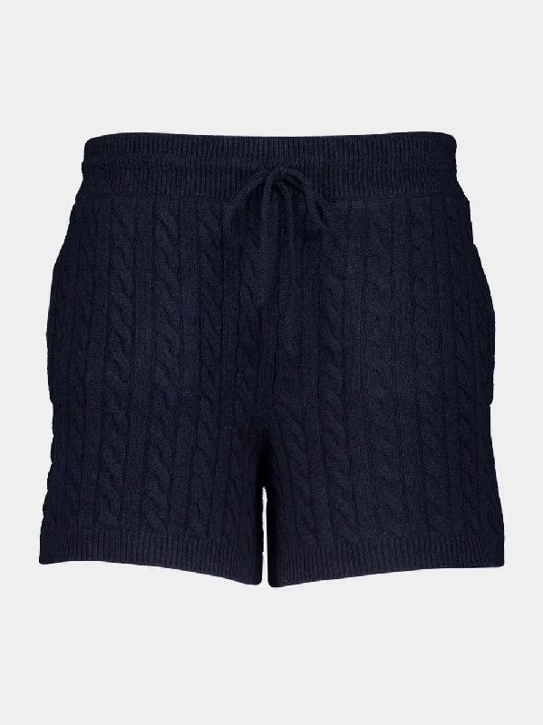 Navy Blue Cashmere Cable-Knit Shorts