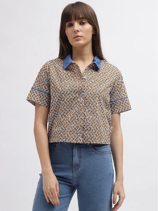 Iconic Women Multi Printed Spread Collar Short Sleeves Shirt