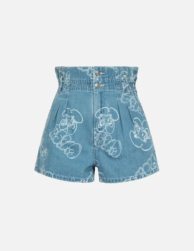 Allover Graffiti Daruma and Logo Laser-Print Denim Shorts