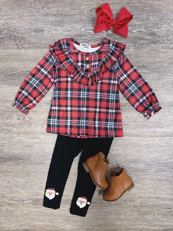 Perfectly Plaid Santa Ruffle Button Girls Christmas Leggings Outfit