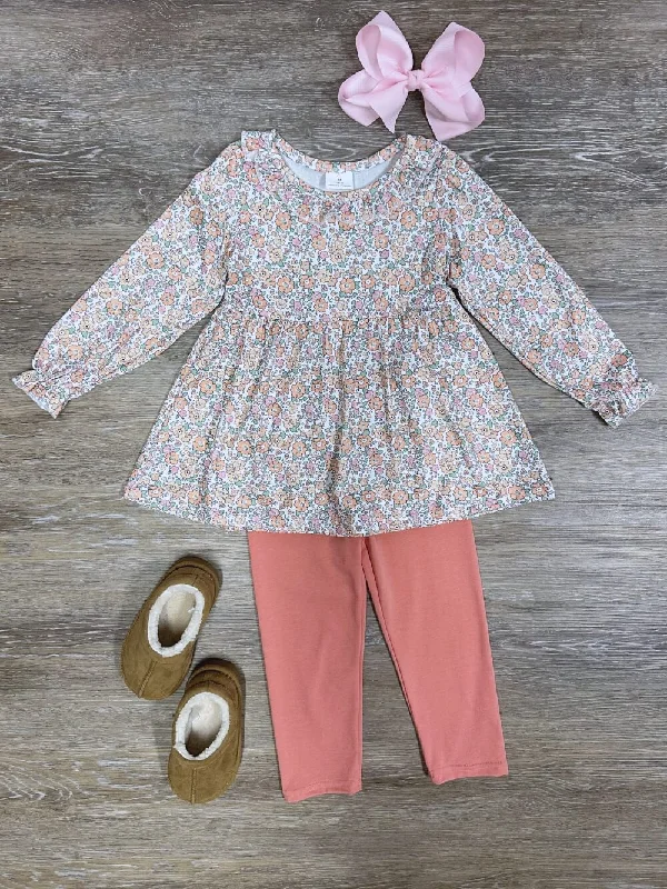 Peach Petite Florals Girls Long Sleeve Tunic & Leggings Outfit