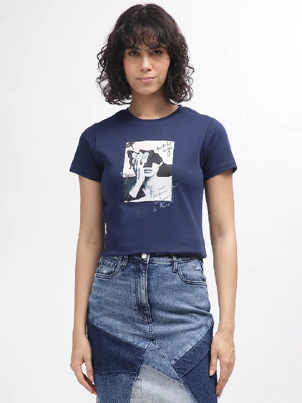 Iconic Women Navy Blue Printed Round Neck Short Sleeves T-Shirt