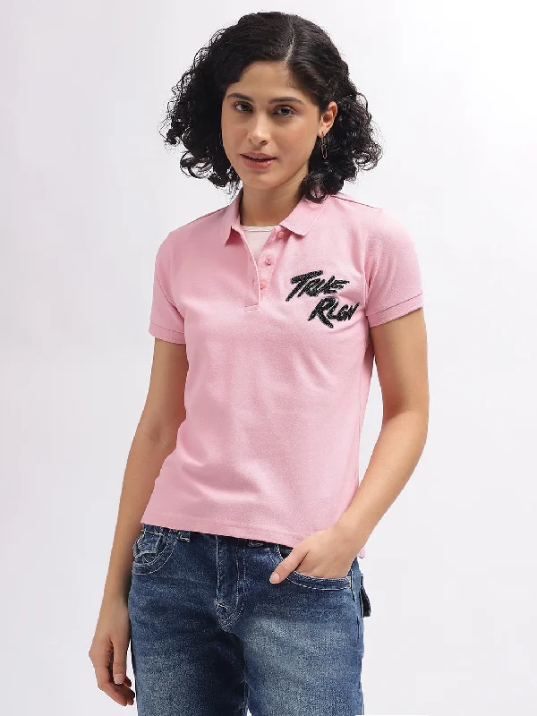 True Religion Women Pink Solid Polo Collar Short Sleeves T-Shirt