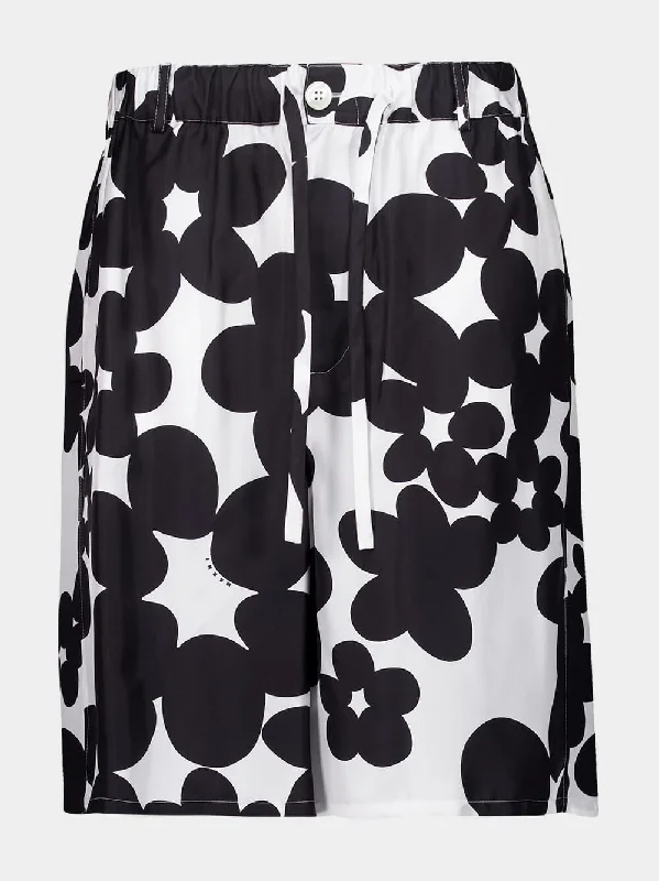 Black and White Dillies Print Silk Bermuda Shorts