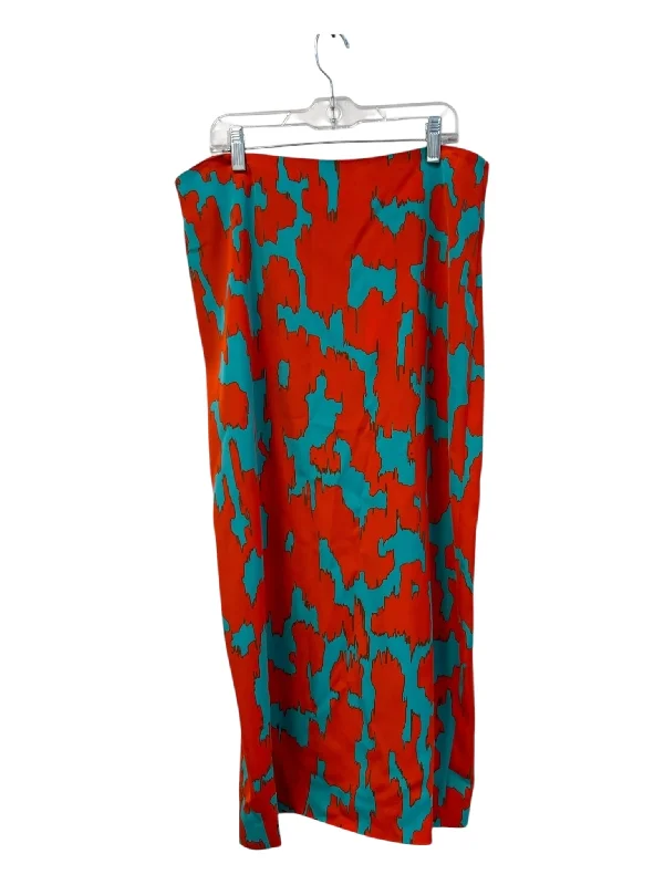 Diane Von Furstenberg Size 12 Orange & Teal Print Viscose Abstract Midi Skirt