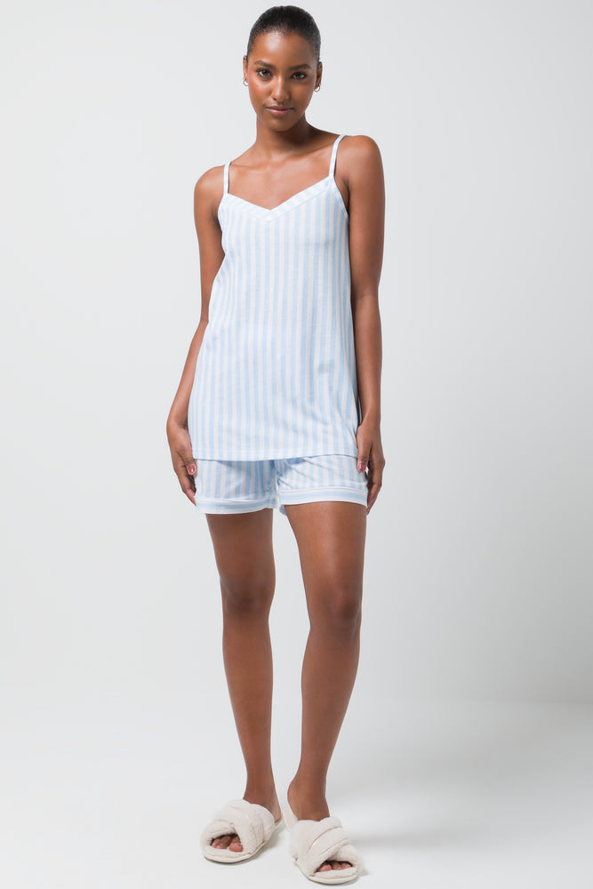 Stripe Knitted Cami Shorty Set White & Blue