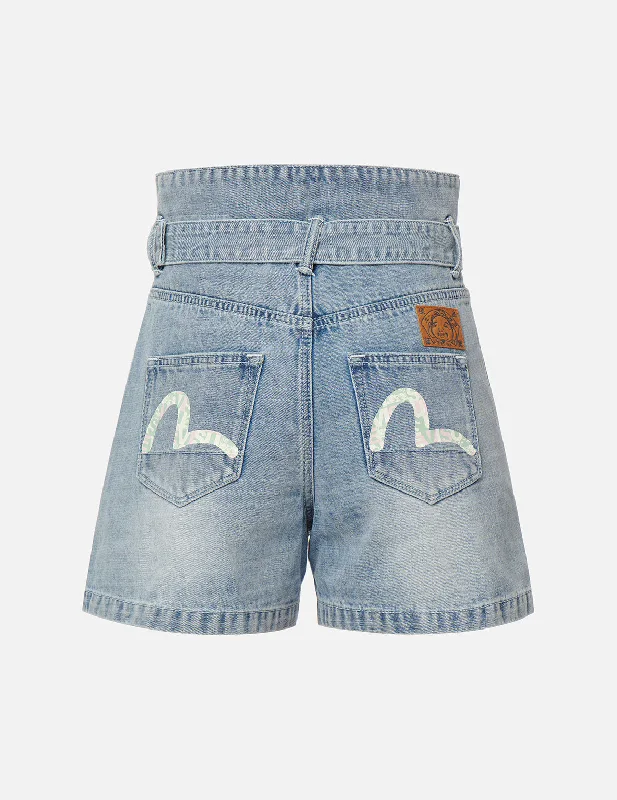 Seagull Print Paper Bag Denim Shorts