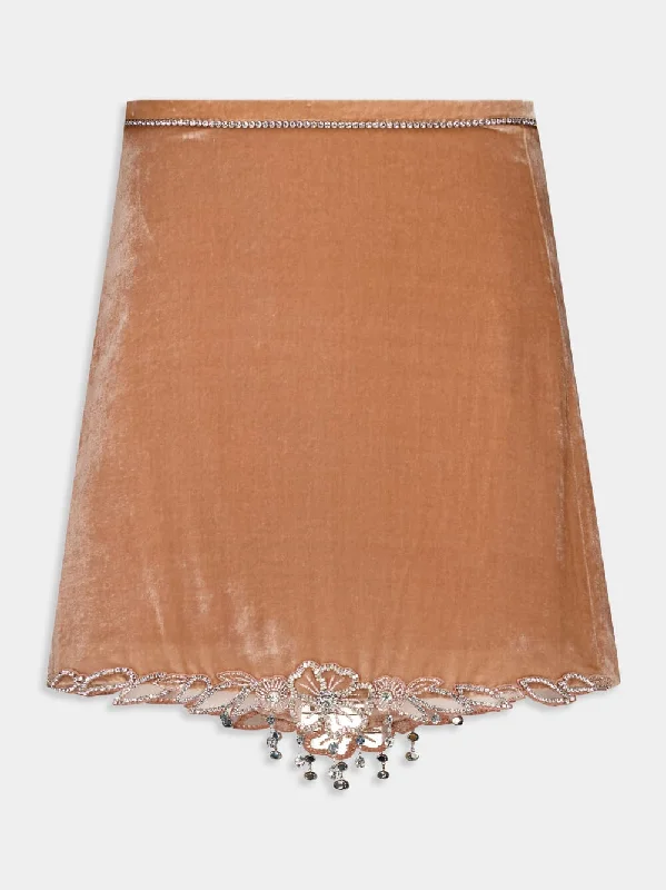 Camel Velvet Midi Skirt with Crystal Embroidery