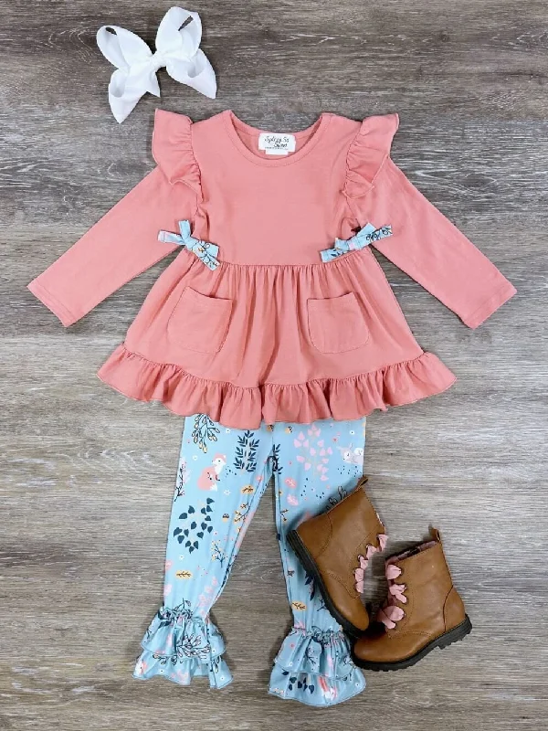 Peach & Blue Floral Ruffle Tunic Leggings Outfit