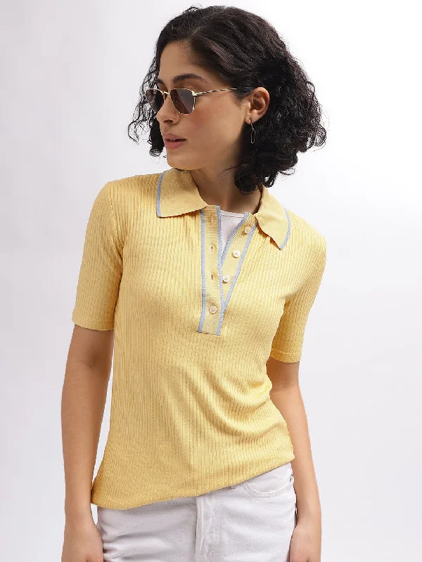 Gant Women Yellow Solid Polo Collar Short Sleeves T-Shirt