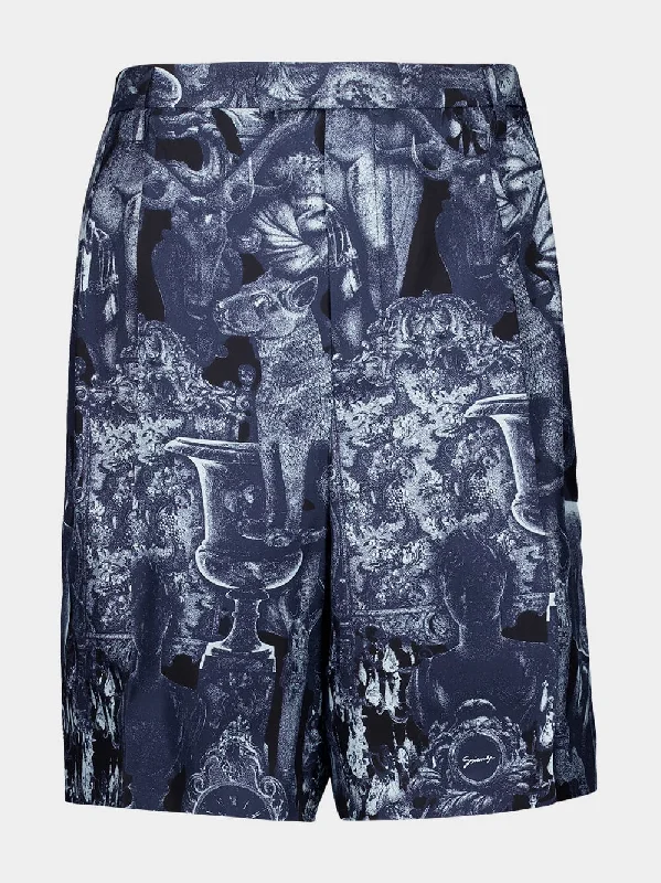 Navy Silk Bermuda Shorts with Hubert Objects Print