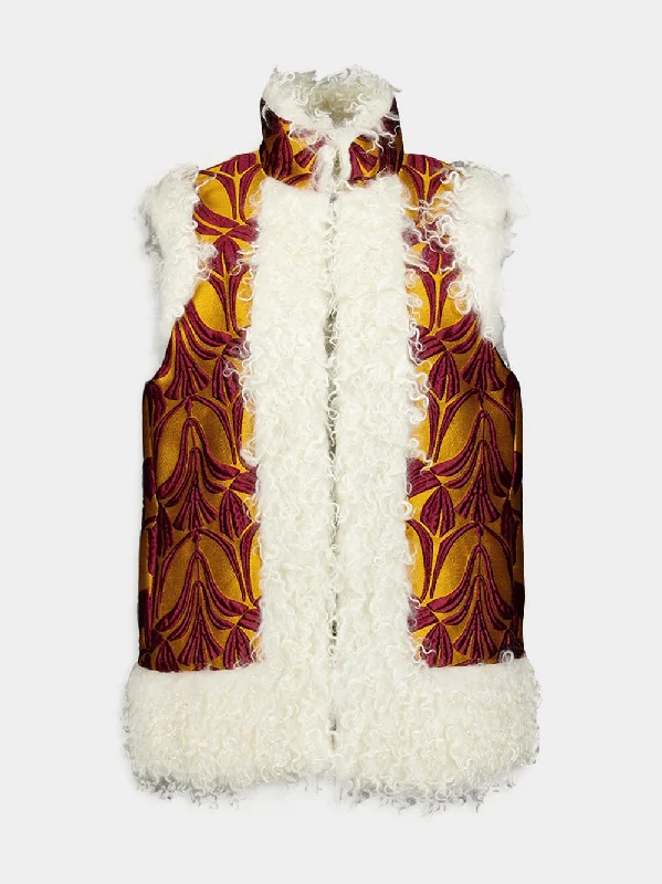 Patterned-Brocade Shearling-Trim Vest