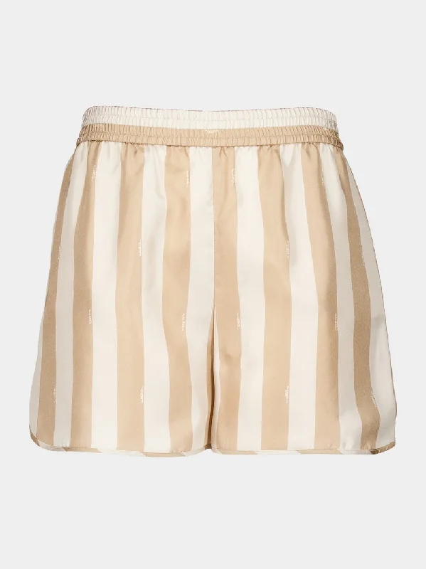 Beige Pequin Stripes Silk Shorts