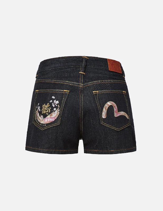 Crane-patterned Seagull Embroidered Denim Shorts