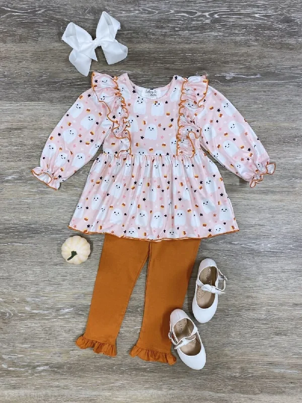 Cute Little Ghost Ruffle Girls Leggings Outfit