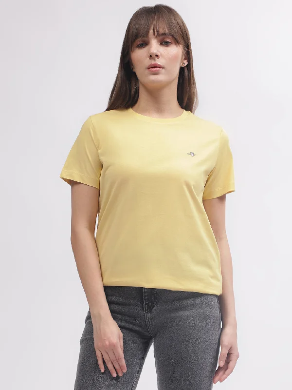 Gant Women Yellow Solid Round Neck Short Sleeves T-shirt