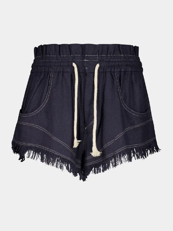 Black Drawstring Frayed Silk Shorts