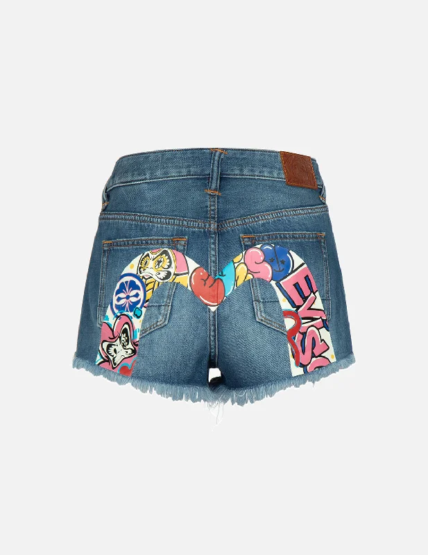 Graffiti Daruma Daicock Print Denim Shorts