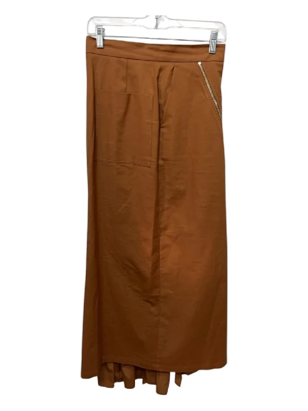 MaxMara Size 6 Brown Cotton Side Zip Gold Hardware pocket Midi Skirt