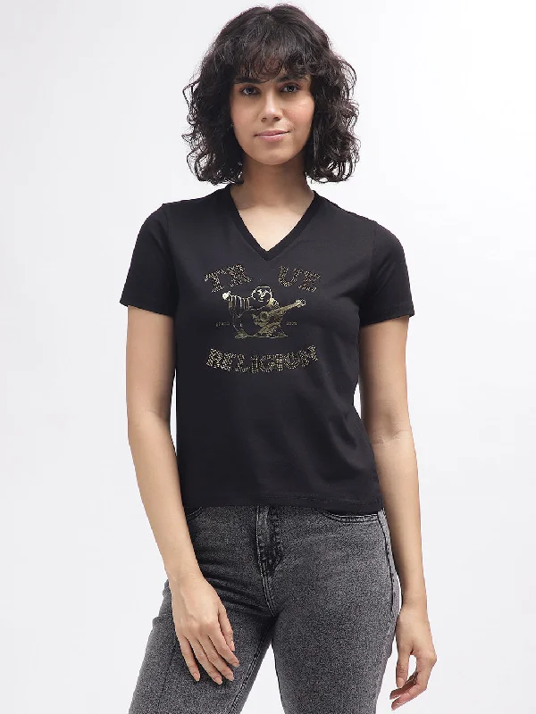 True Religion Women Black Printed V-Neck Short Sleeves T-Shirt