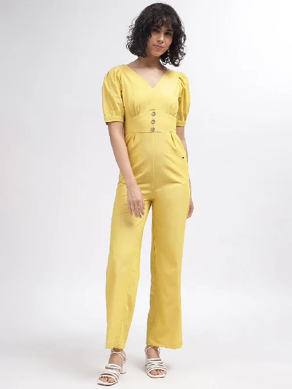 Elle Women Yellow Solid V-Neck Short Sleeves Jumpsuit