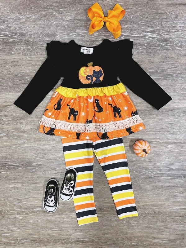 Midnight Cat Girls Tunic & Striped Leggings Outfit