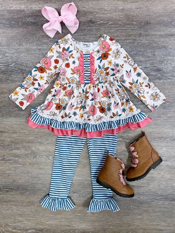 Autumn Blooms Blue Stripe Girls Leggings Outfit