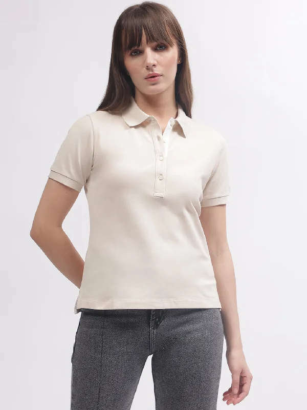 Gant Women Beige Solid Polo Short Sleeves T-shirt