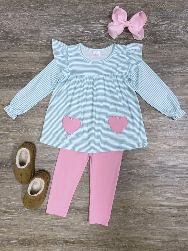 Pretty in Pink & Blue Girls Long Sleeve Heart Tunic Leggings Outfit