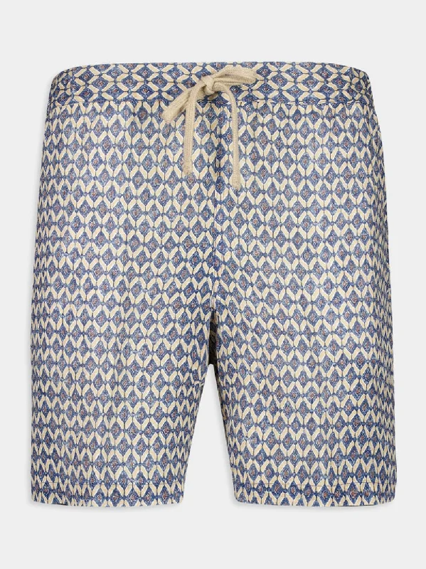 Washed Blue Print Bermuda Linen Shorts