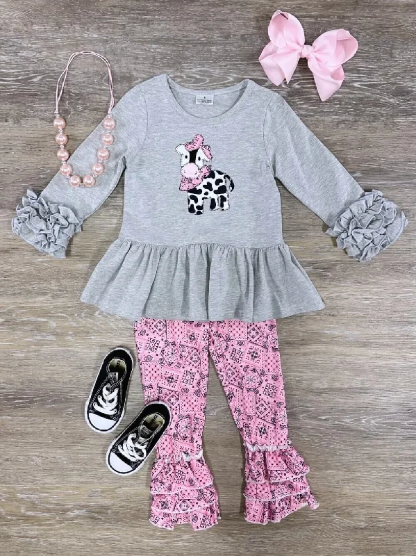 Country Cow Pink Bandana Girls Ruffle Leggings Outfit