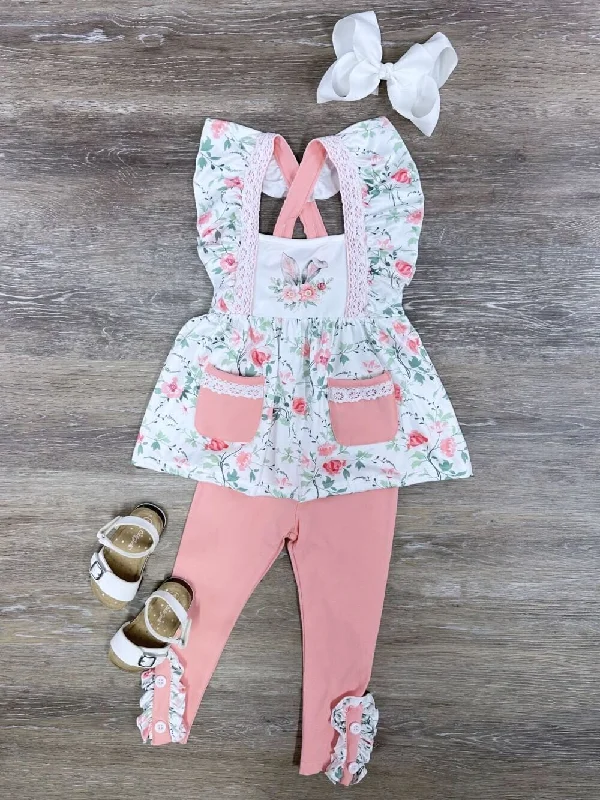 Coral Bunny Garden Easter Leggings & Tunic Outfit