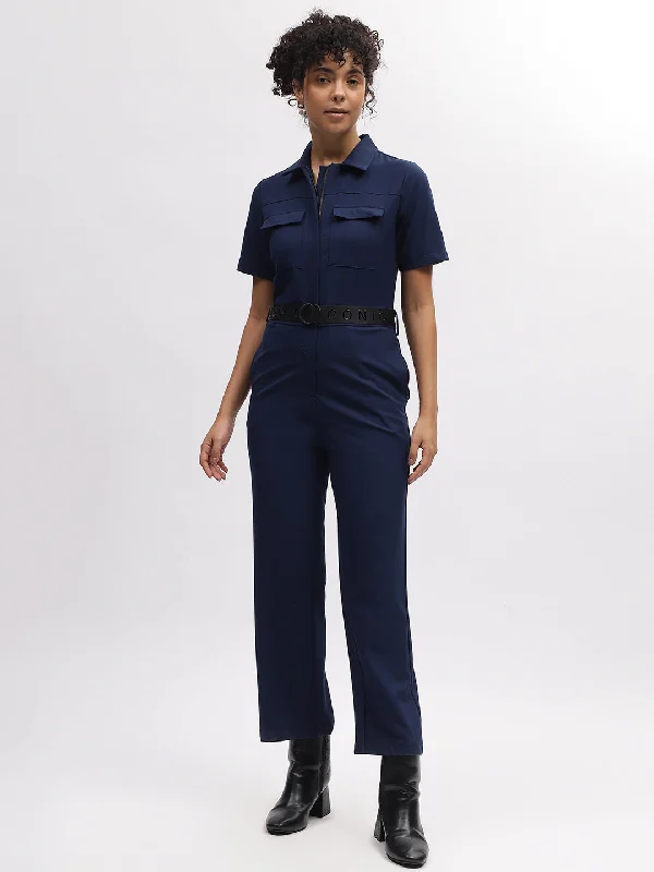 Iconic Women Navy Blue Solid Shirt Collar Short Sleeves Jumpsuit