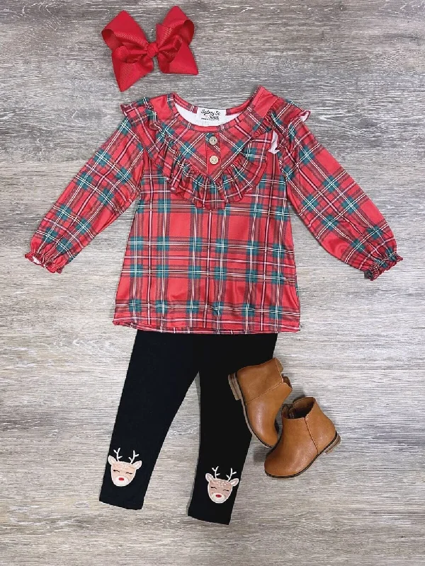 Perfectly Plaid Reindeer Ruffle Button Girls Christmas Leggings Outfit