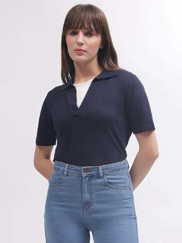 Gant Women Navy Blue Solid Polo Short Sleeves T-shirt