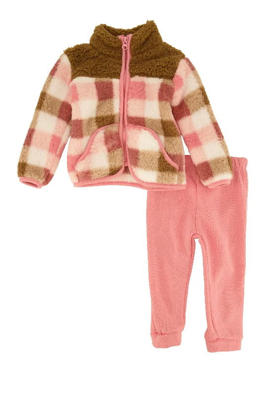 Baby Girls 12-24M Plaid Sherpa Jacket and Joggers