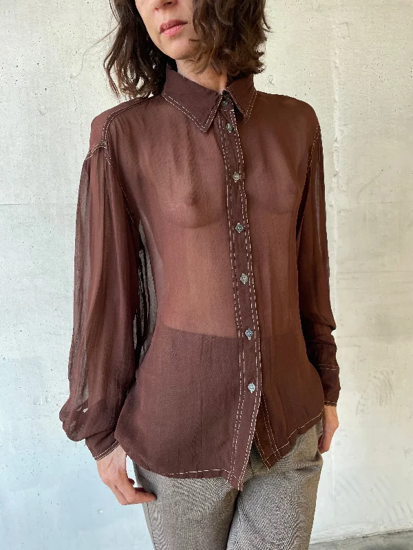 1990s Brown Sheer Blouse w/ White Topstitching