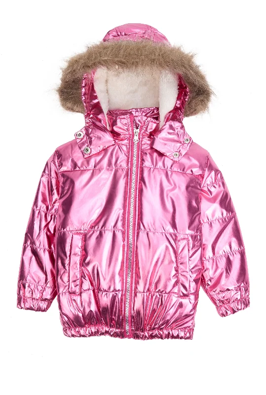 Little Girls Metallic Faux Fur Trim Puffer Jacket