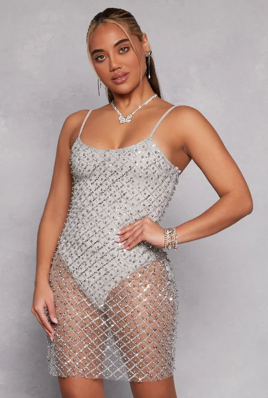 Mesh Lined Beaded Sequin Cami Dress