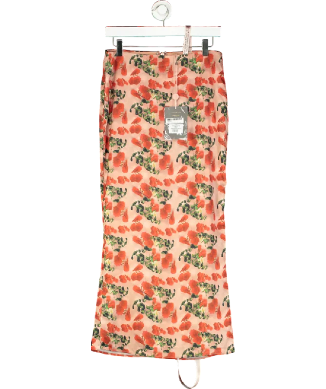 House of CB Pink Rose Print Satin Midi Skirt UK S