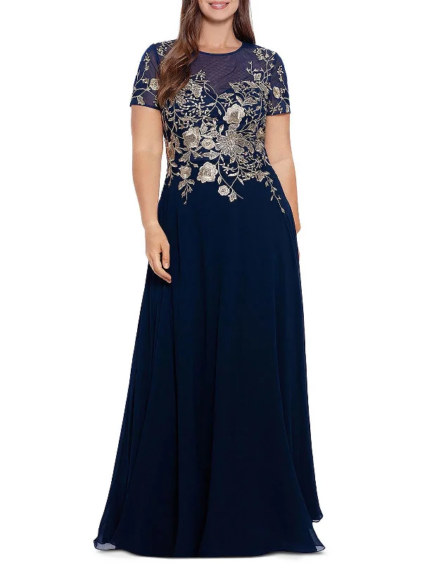 Plus Womens Mesh Embroidered Evening Dress