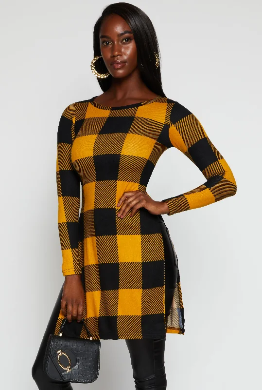 Plaid Long Sleeve Side Slit Tunic Top