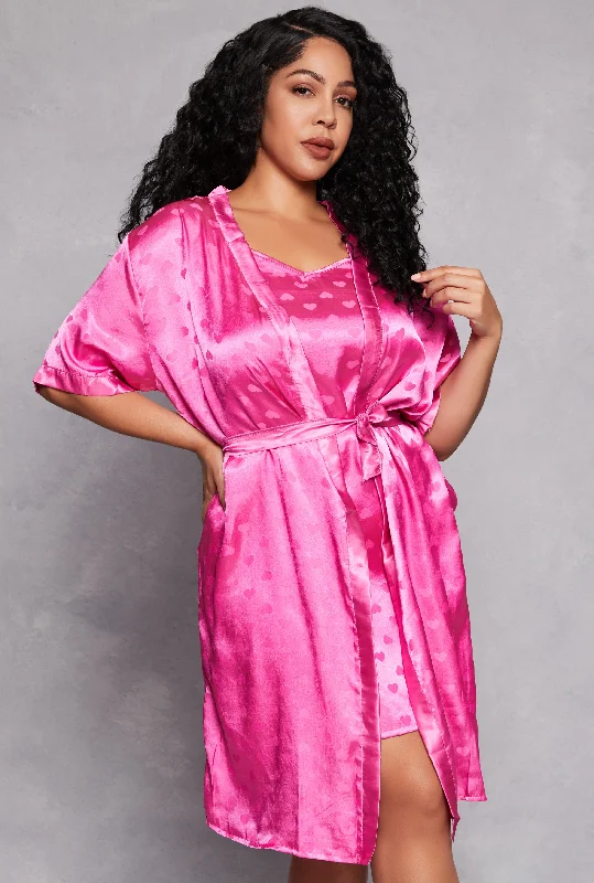 Plus Size Satin Heart Print Cami Nightgown with Robe