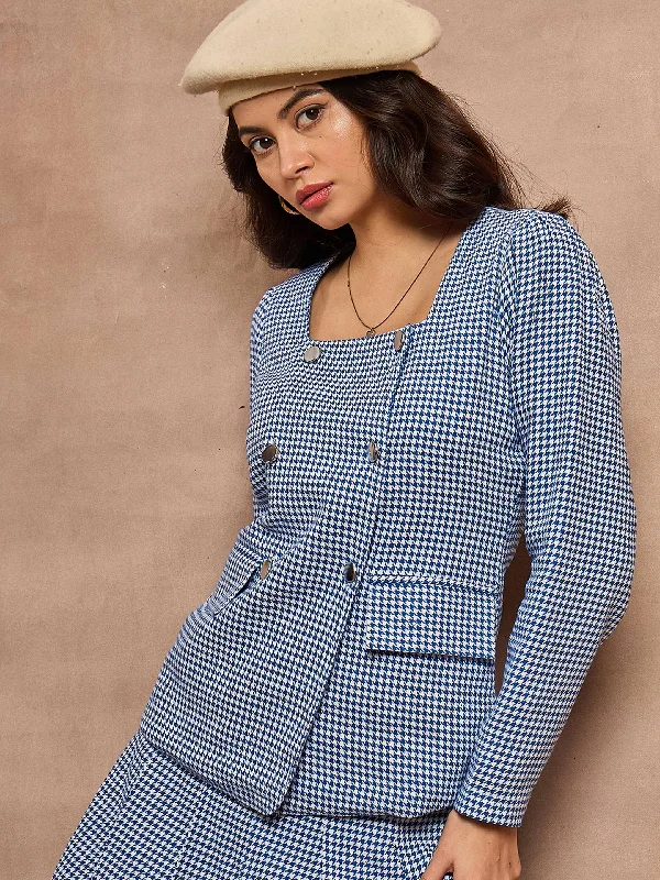 Women Blue Houndstooth Check Square Neck Top