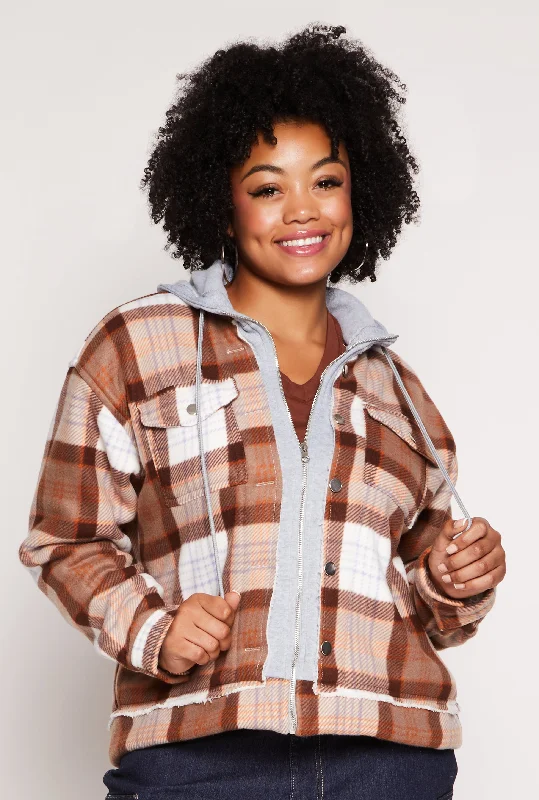 Plus Size Plaid Hooded Zip Front Jacket