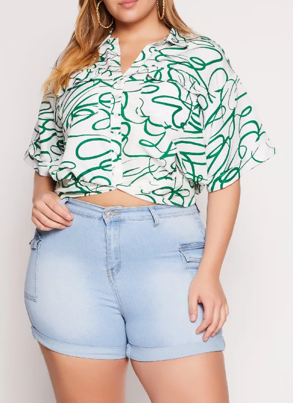 Plus Size Heart Scribble Print Button Front Top