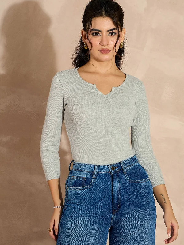 Women Grey Melange Rib Drop V-Neck Top